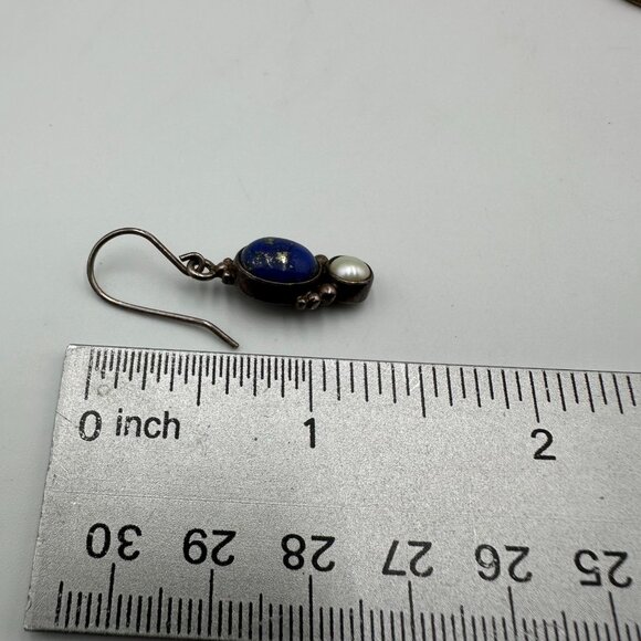 Lapis Lazuli Earrings Sterling Silver Faux Pearl Accent Pierced Dainty 1.25 Inch - Picture 8 of 9
